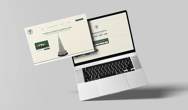 Página de lançamento exibida em desktop e mobile